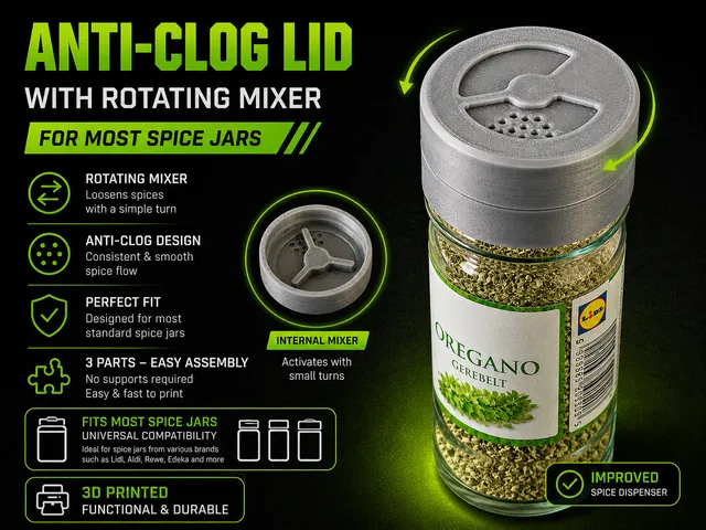 Spice Jar Anti-Clog Lid with Rotating Mixer - Improved Spice Dispenser Cap