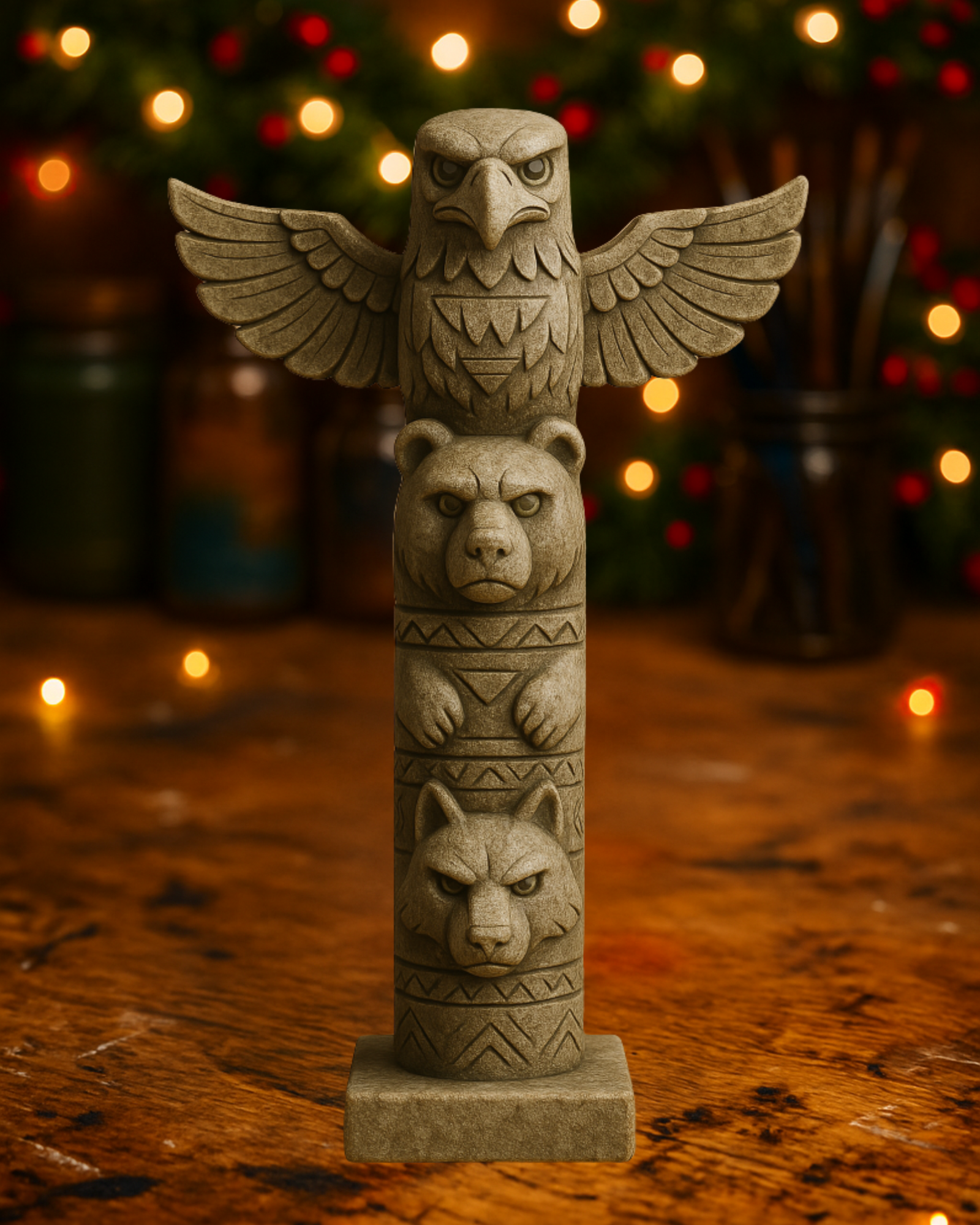 Totem Pole Sculpture with Eagle, Bear and Wolf