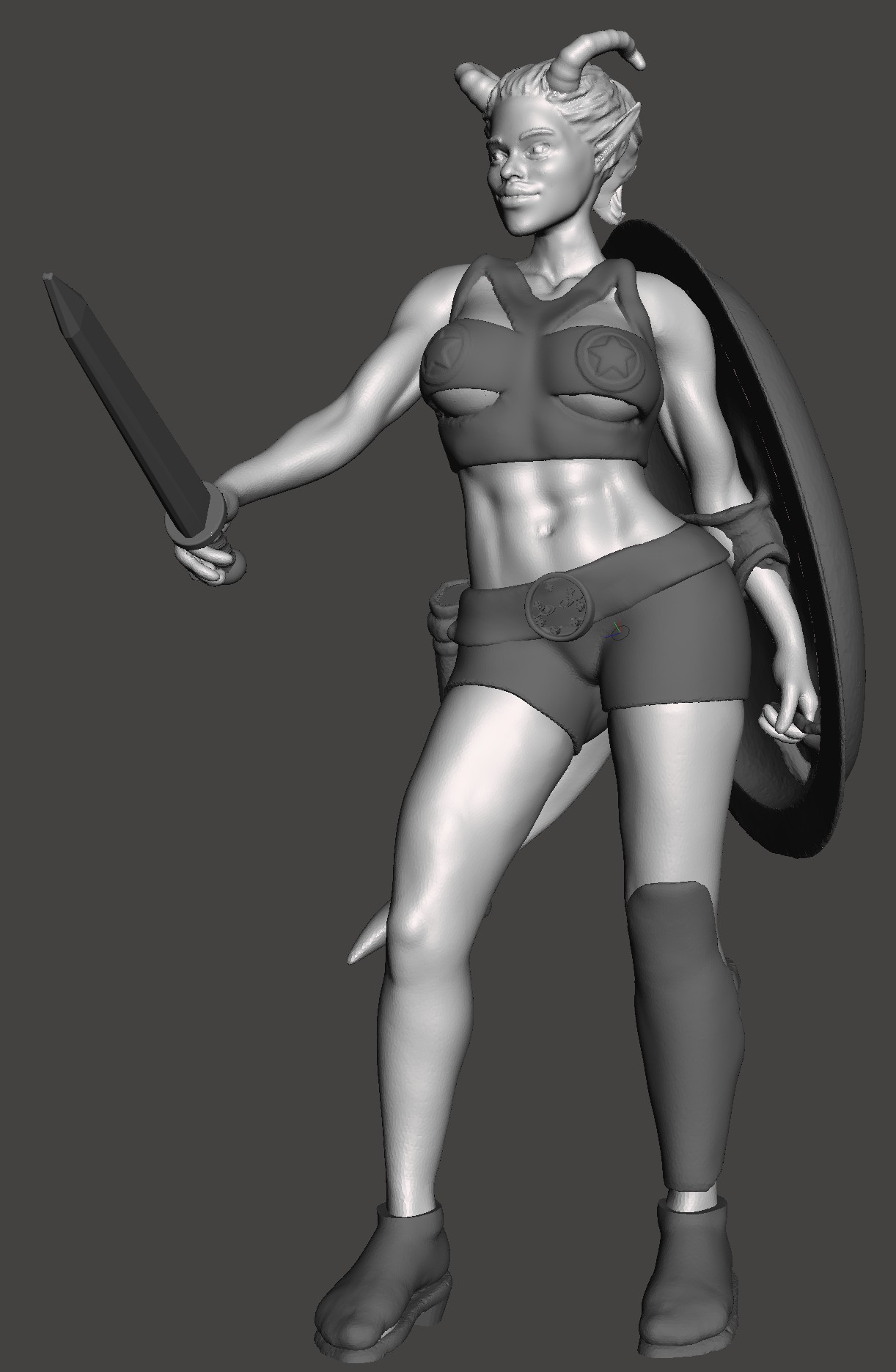 Frisky Tiefling female Hoplite with Aspis (shield) and Xiphos (sword)