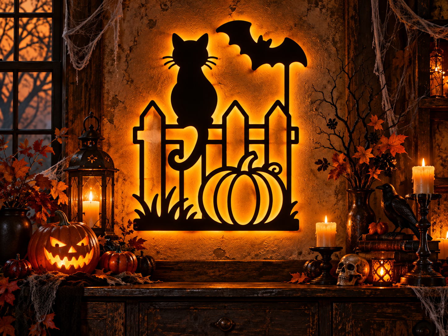 Black Cat Fence Halloween Wall Art – Pumpkin & Bat Decoration