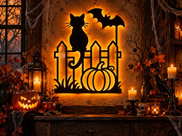 Black Cat Fence Halloween Wall Art – Pumpkin & Bat Decoration