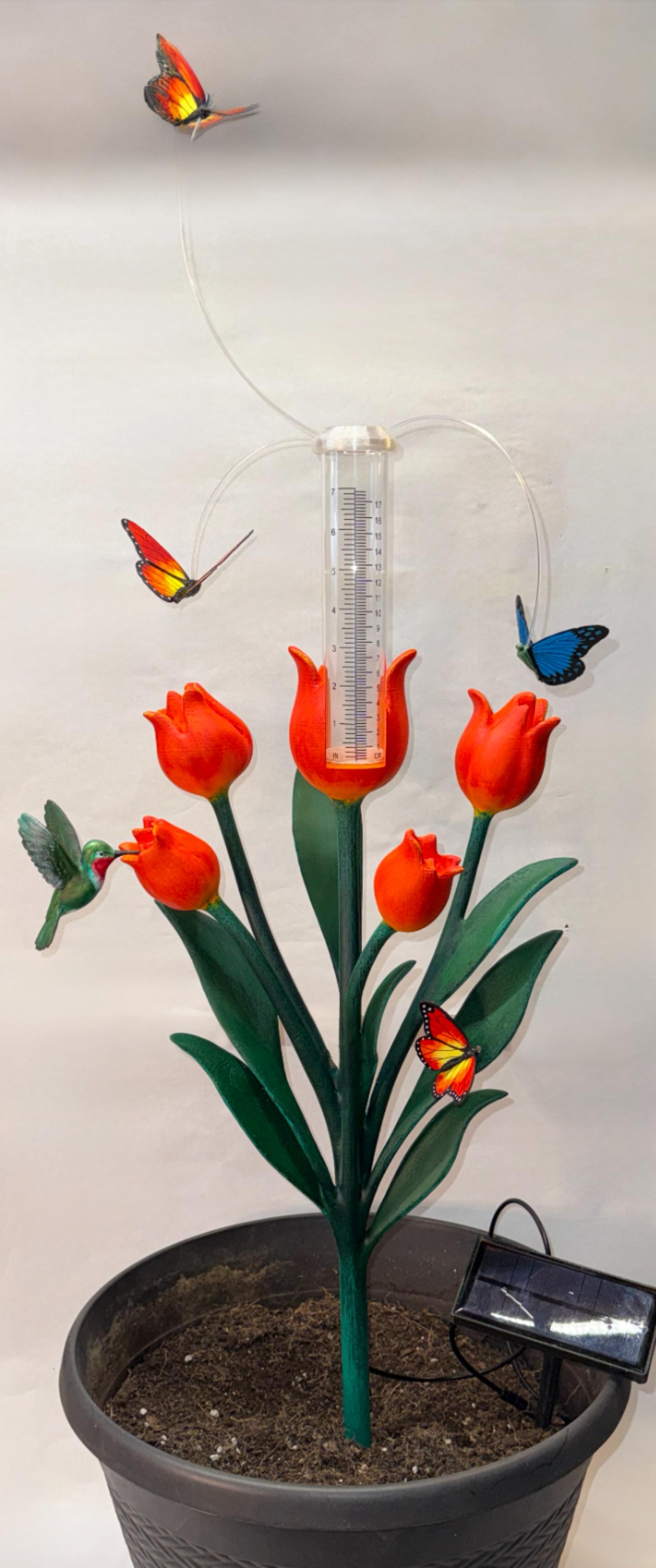 Garden - Rain Gauge -  Nature inspired flower bouquet/hummingbird/butterfly rain gauge holder w optional LEDs