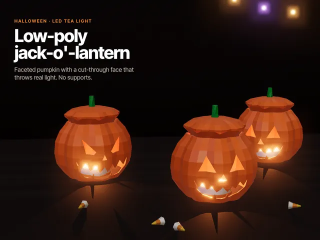 Low-Poly Jack-o'-Lantern for LED Tea Light – Halloween Pumpkin Lamp, No Supports, 2 Faces