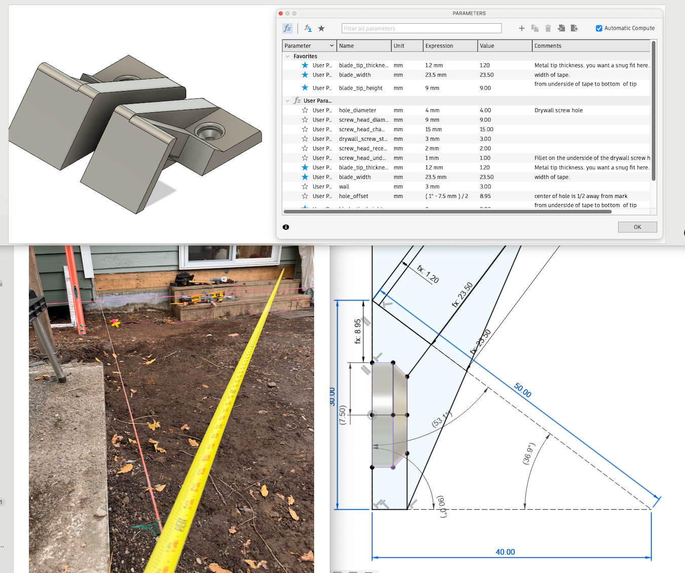 Parametric 3-4-5 tape measure holder for deck layout right angles