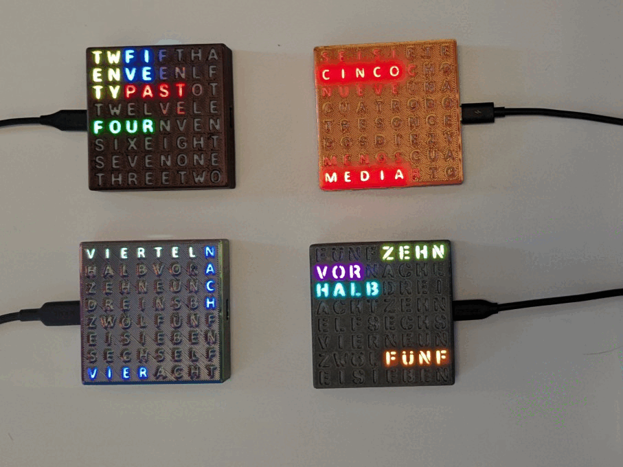 Wordclock 8x8 - Multilanguage (EN, DE, ES) - Completely 3D-printed
