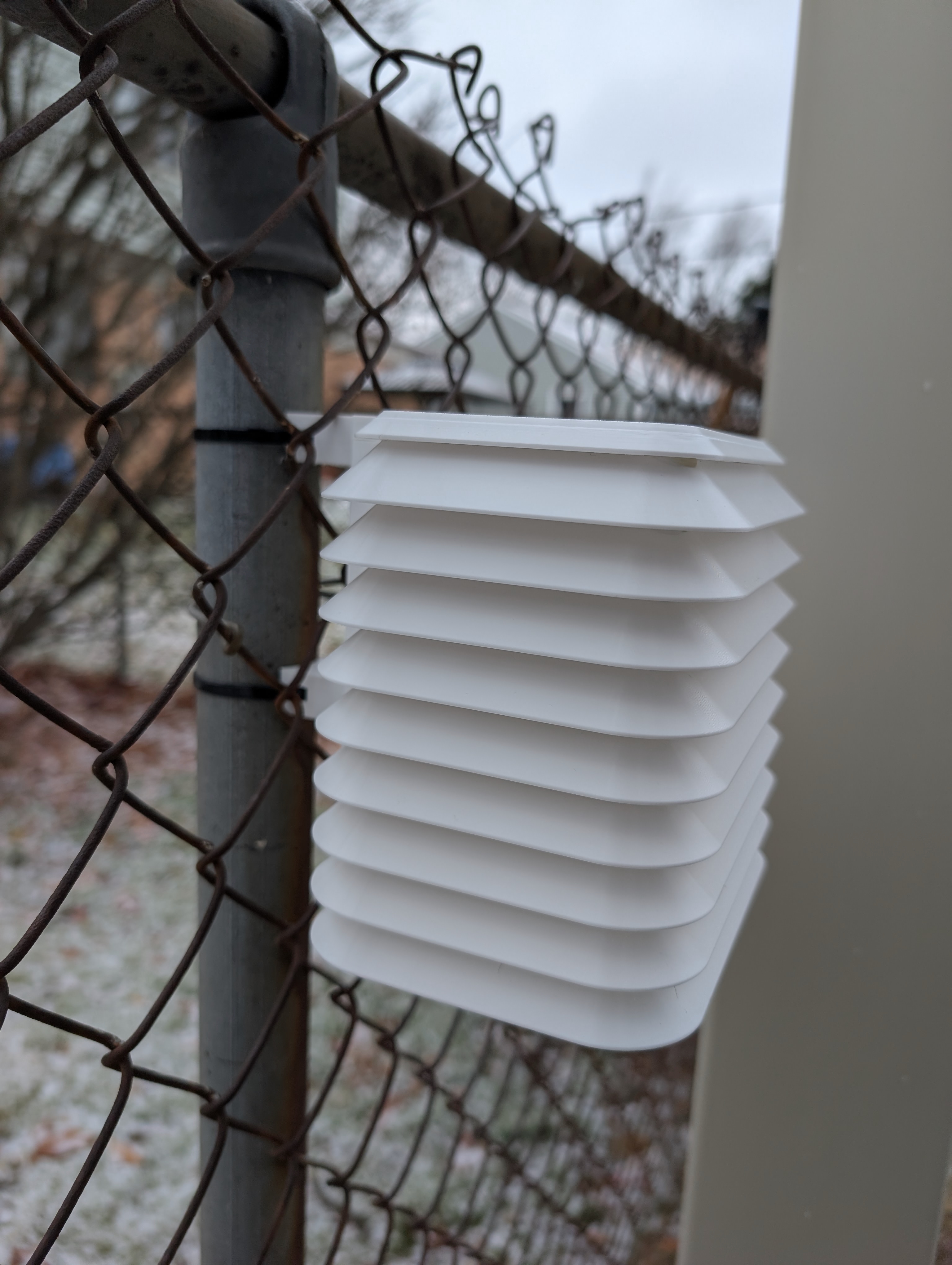 Solar Radiation Shield for Outdoor Temperature Sensors (Variable Height w/ Chain Link Fence Mount)