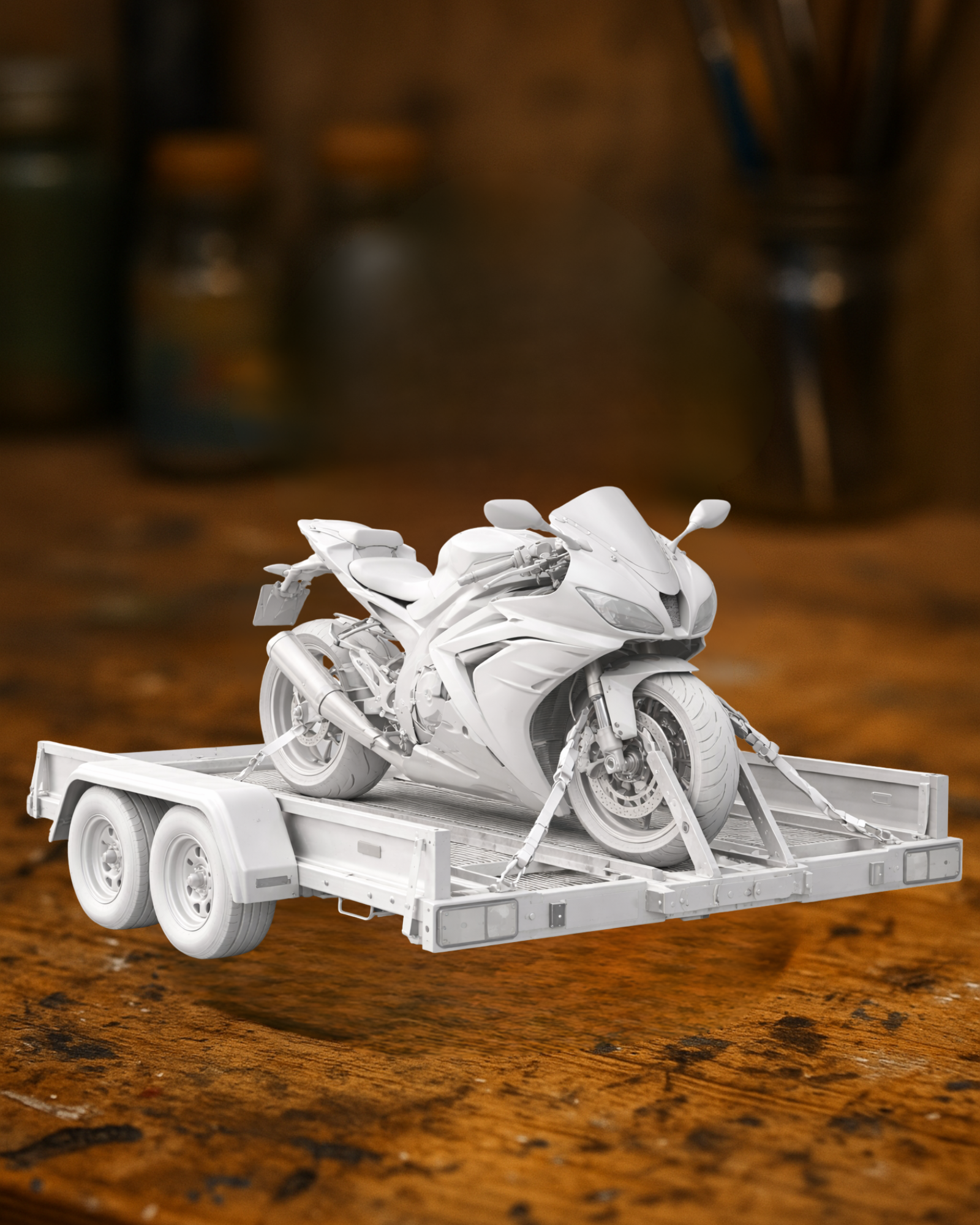 Sport Motorcycle on Utility Trailer — Transport Scene