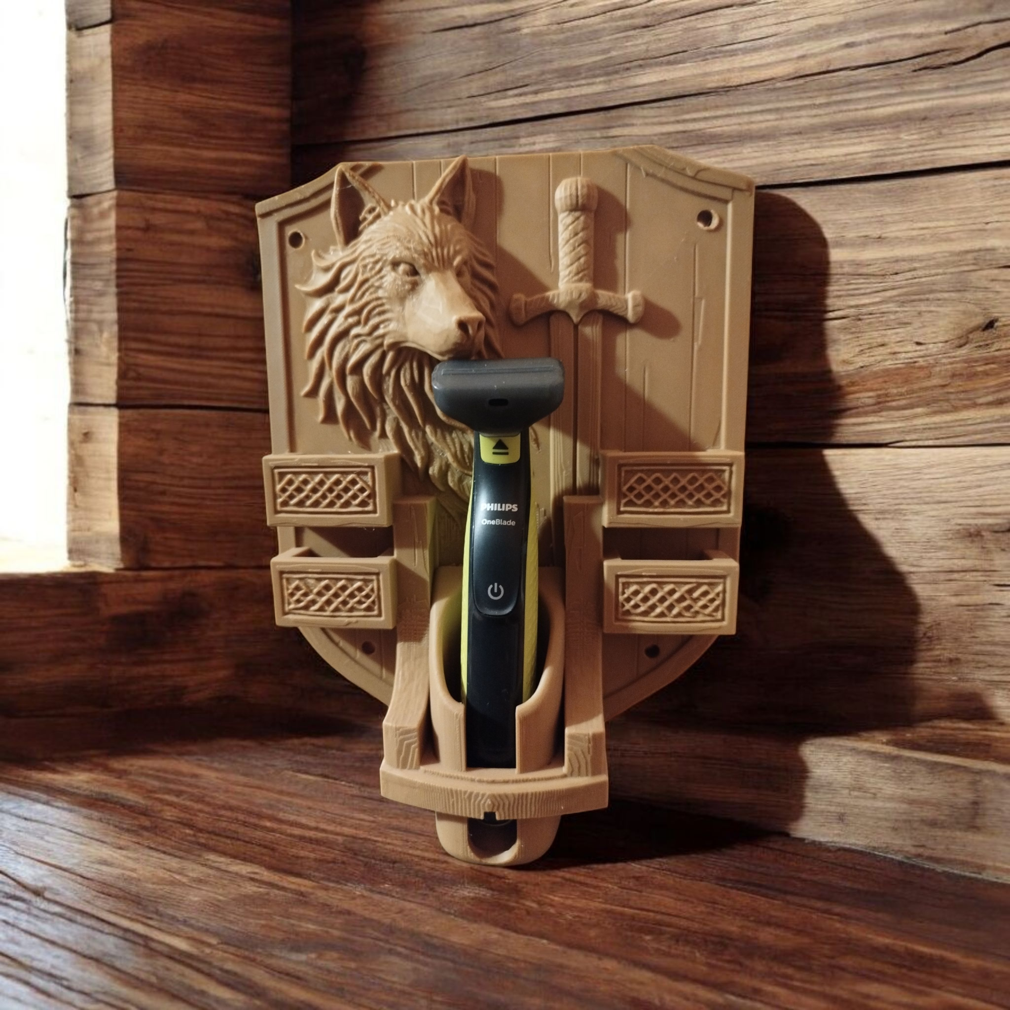 Wolf Shrine – Philips OneBlade 360  A wall-mounted holder