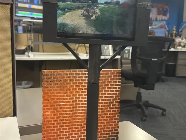 billboard tablet display stand with brick wall backdrop