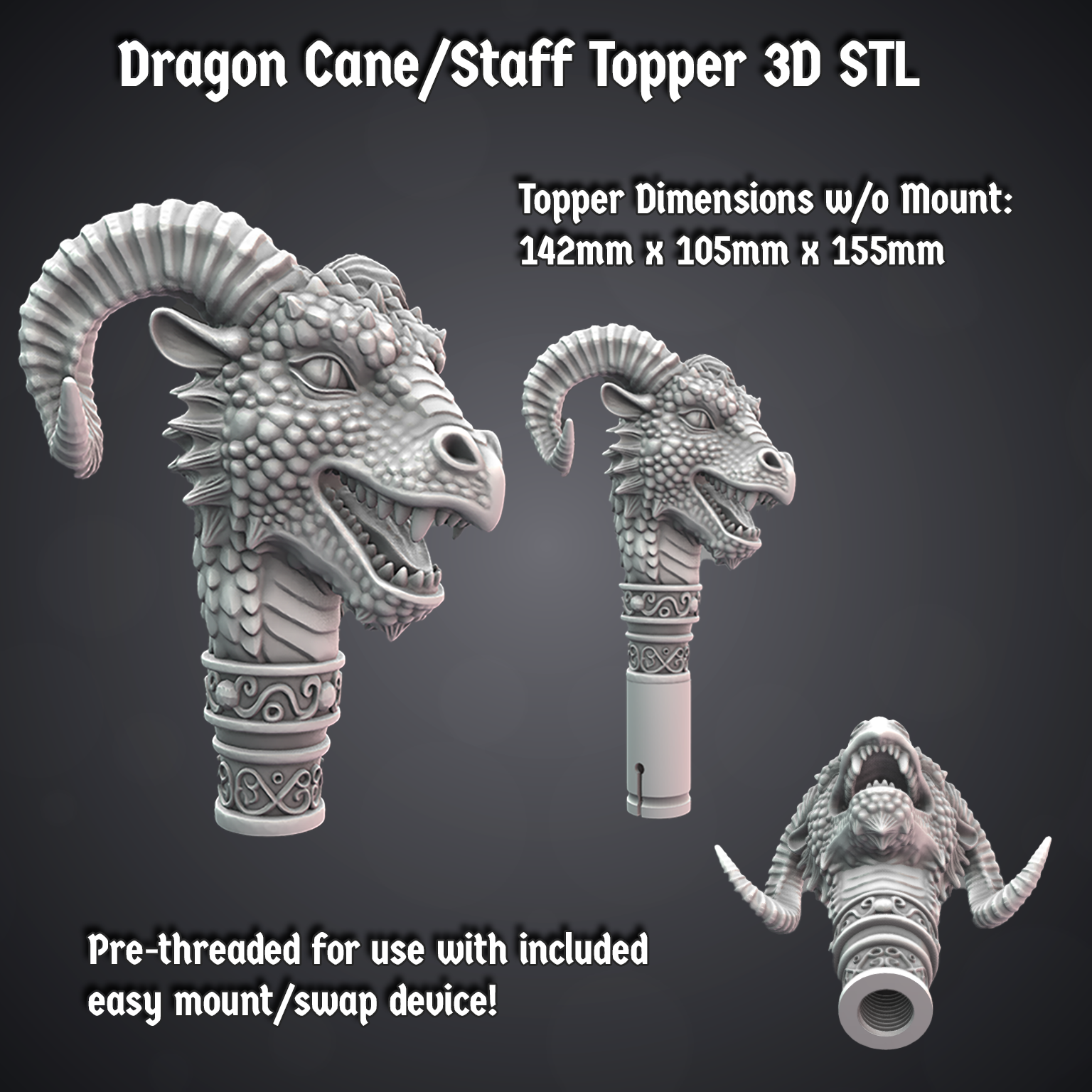 Majestic Dragon Cane/Staff Topper – Fantasy 3D Printable STL