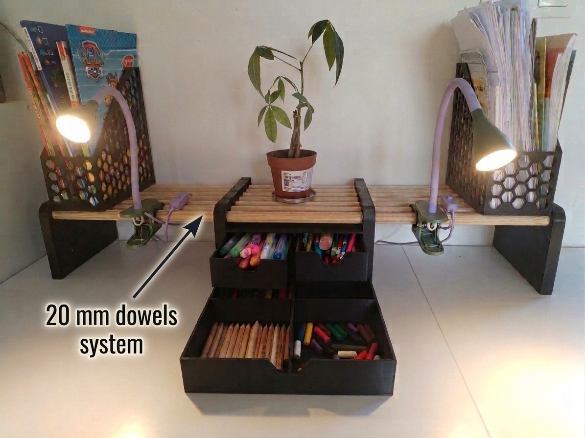 Modular Dowel Desk Shelf with Drawers