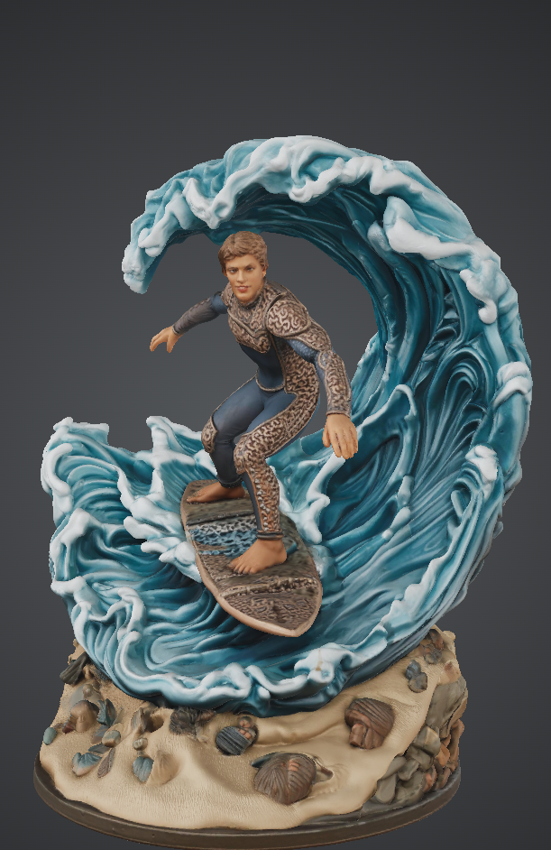 Dynamic Surfer Figurine Detailed Ocean Wave Scene