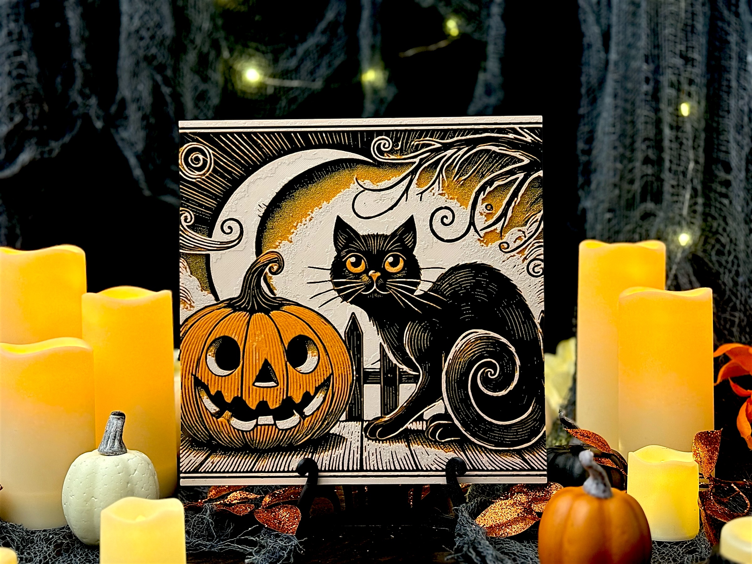 “Pumpkin Watch” – Black Cat 2 - Vintage Halloween Hueforge Panel