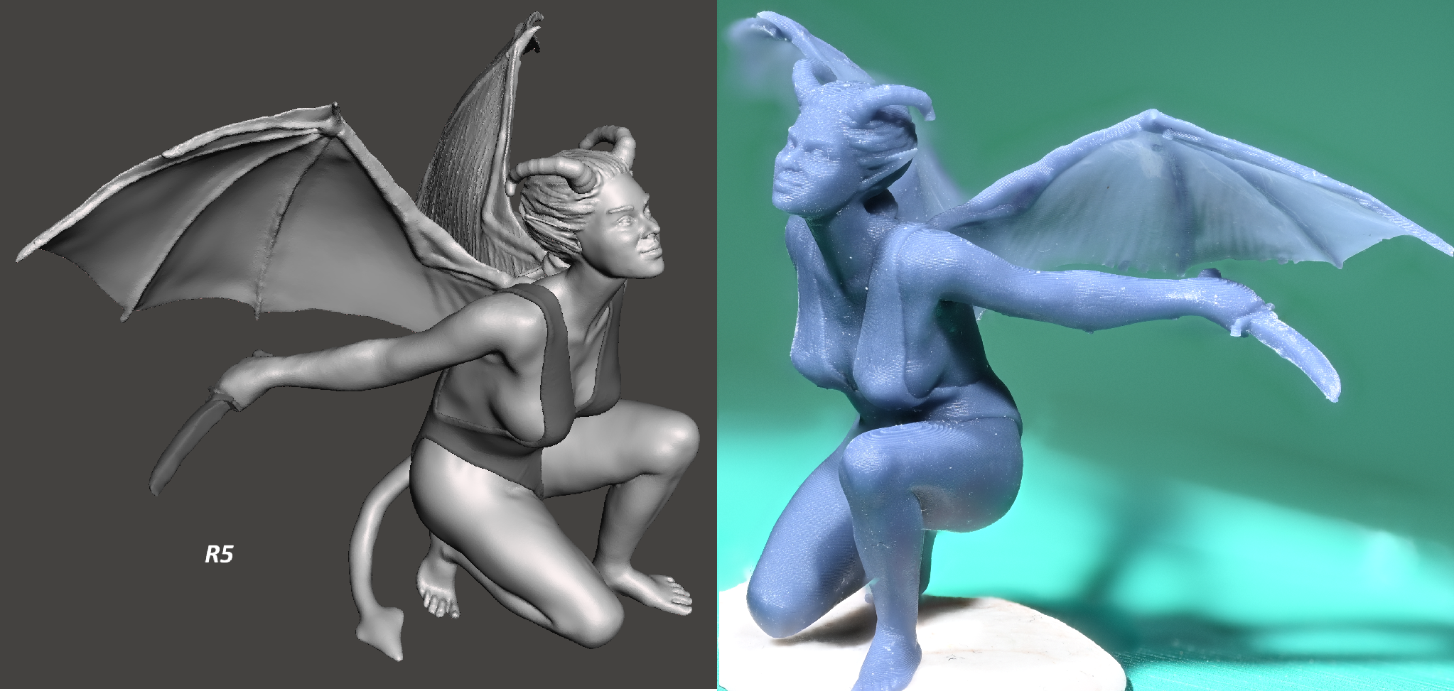 [Updated July 12,2025] Frisky Winged Tiefling, crouched curvy female, flight harness