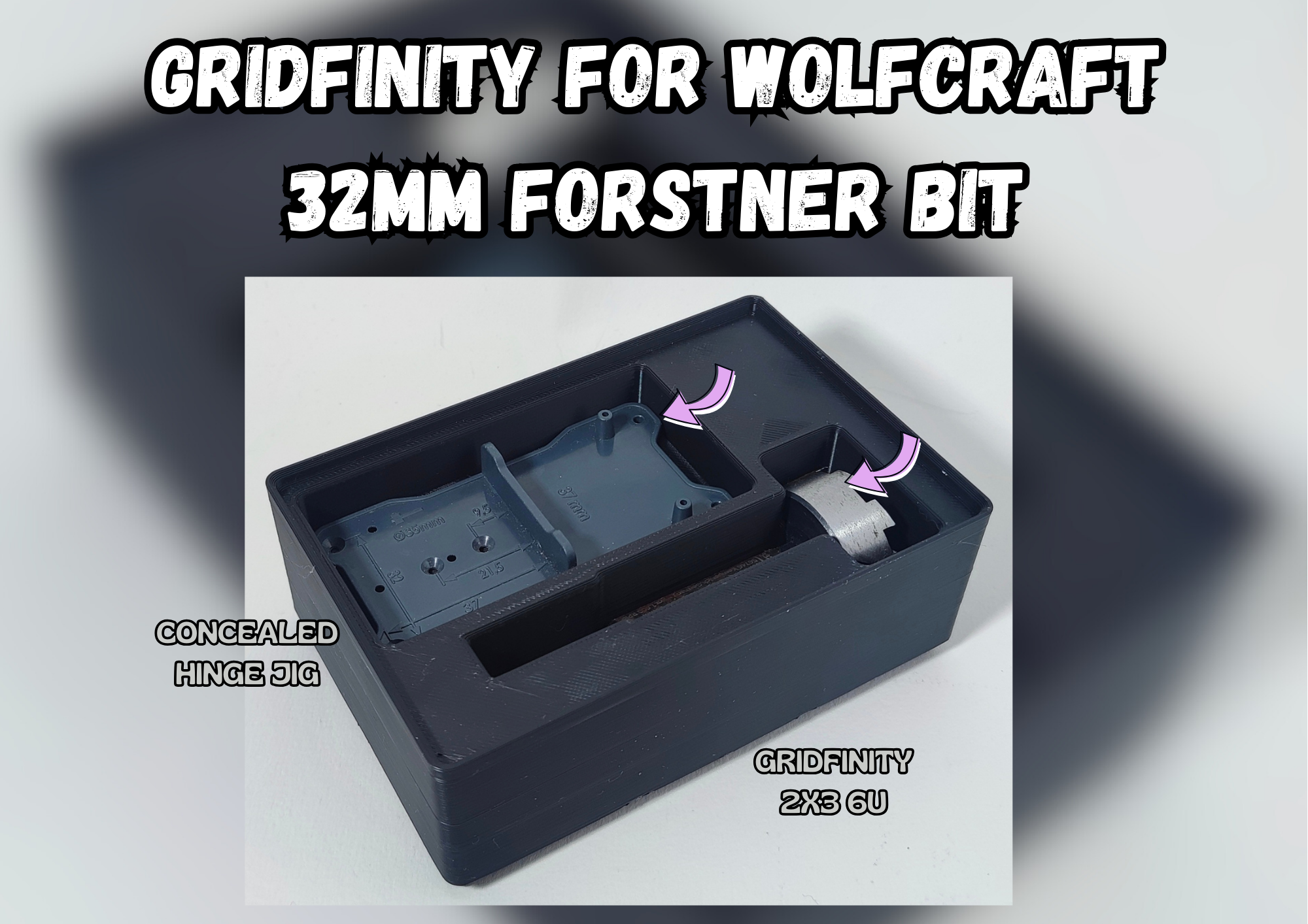 Gridfinity box for WolfCraft 32 mm Forstner wood bit drill