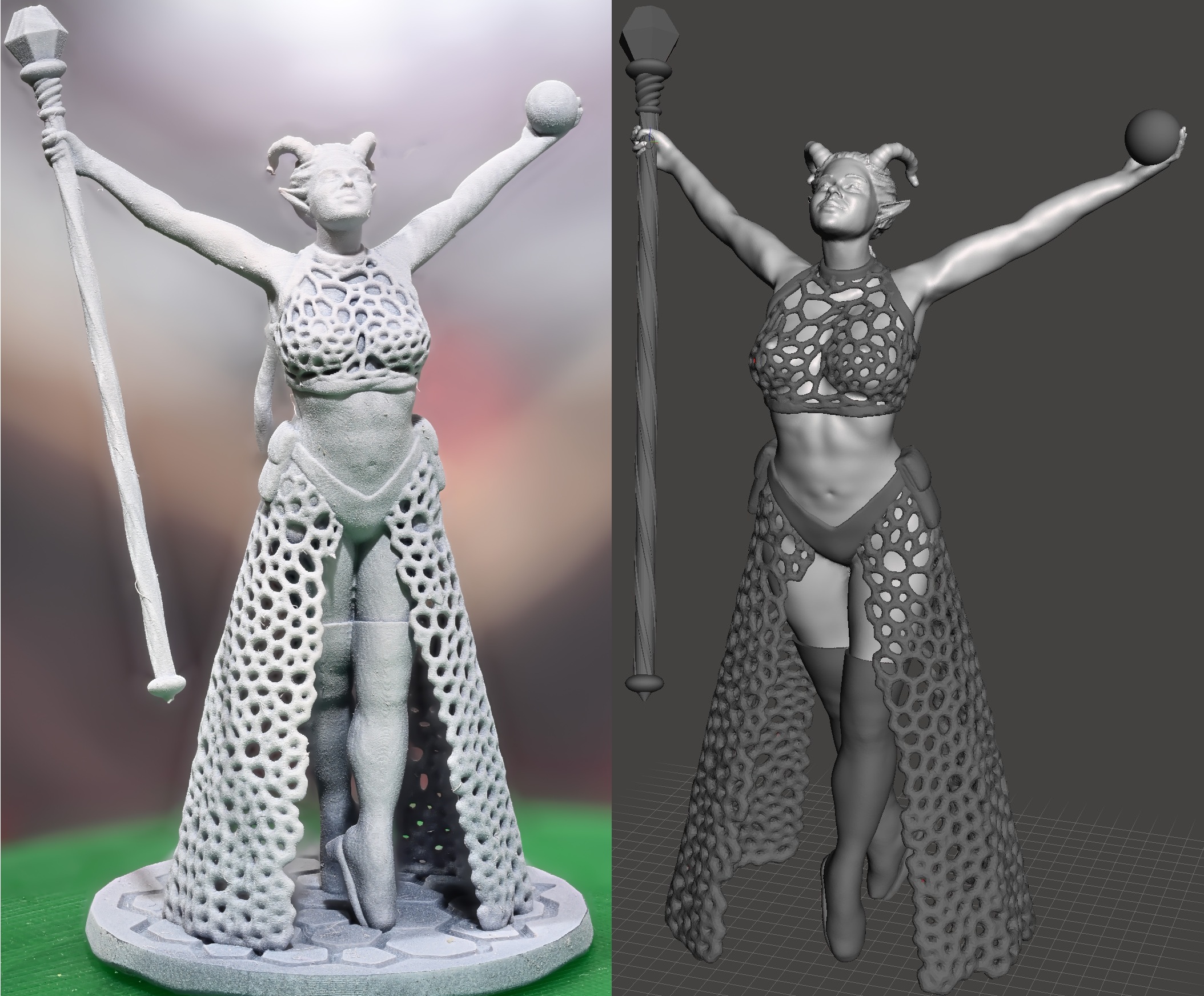 Fishnet-Wearing Female Tiefling Sorcerer w/ staff, ball, pouches -- incl. supported model