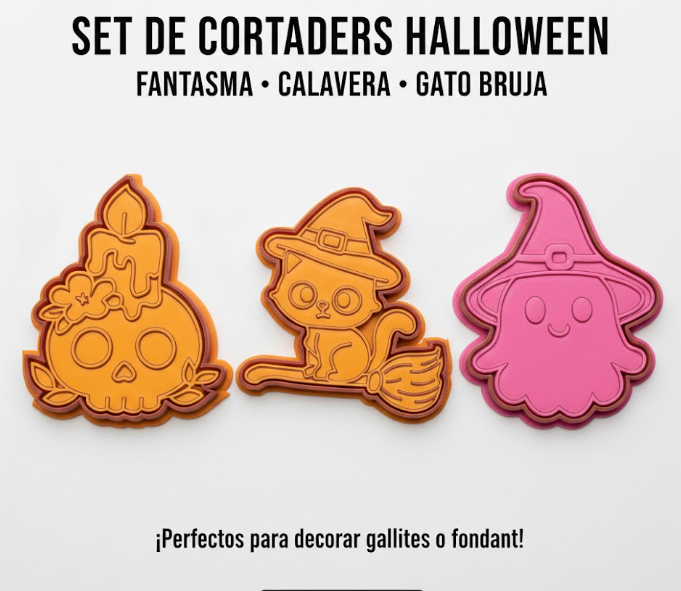 Set de Cortadores Halloween (Fantasma, Calavera, Gato Bruja)