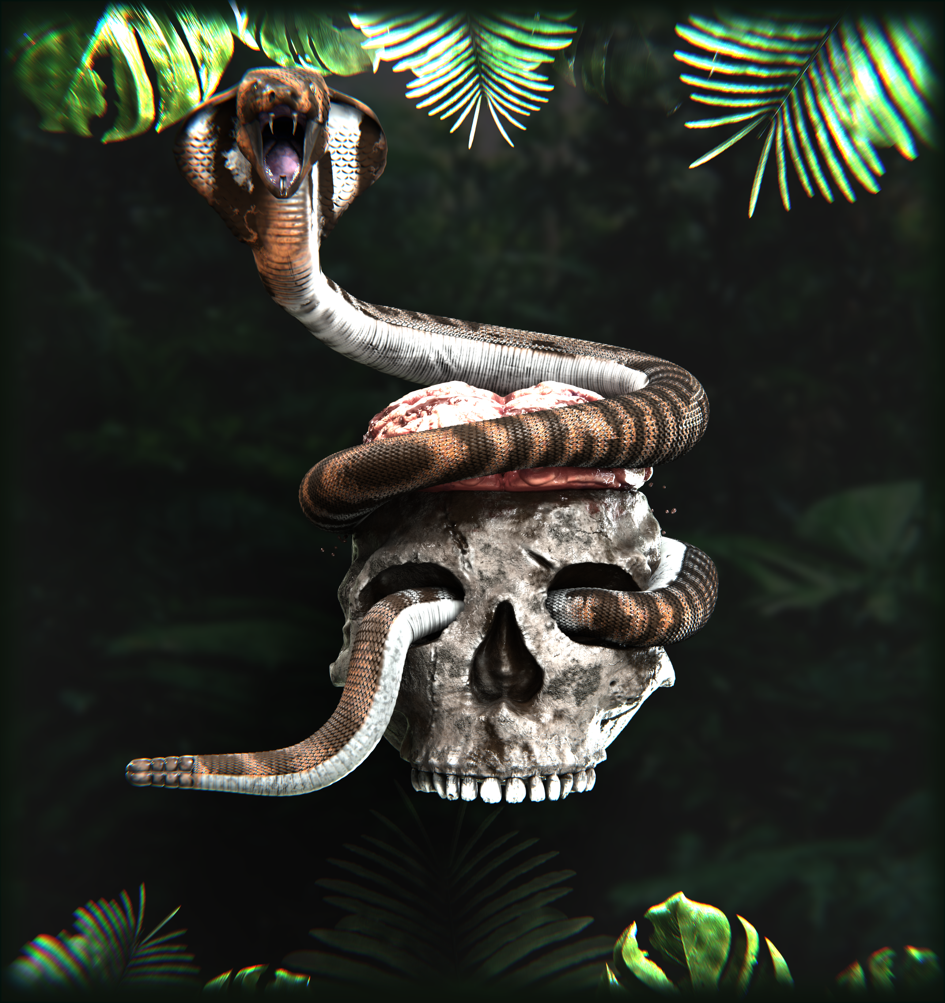 Skull with brain and snake around it