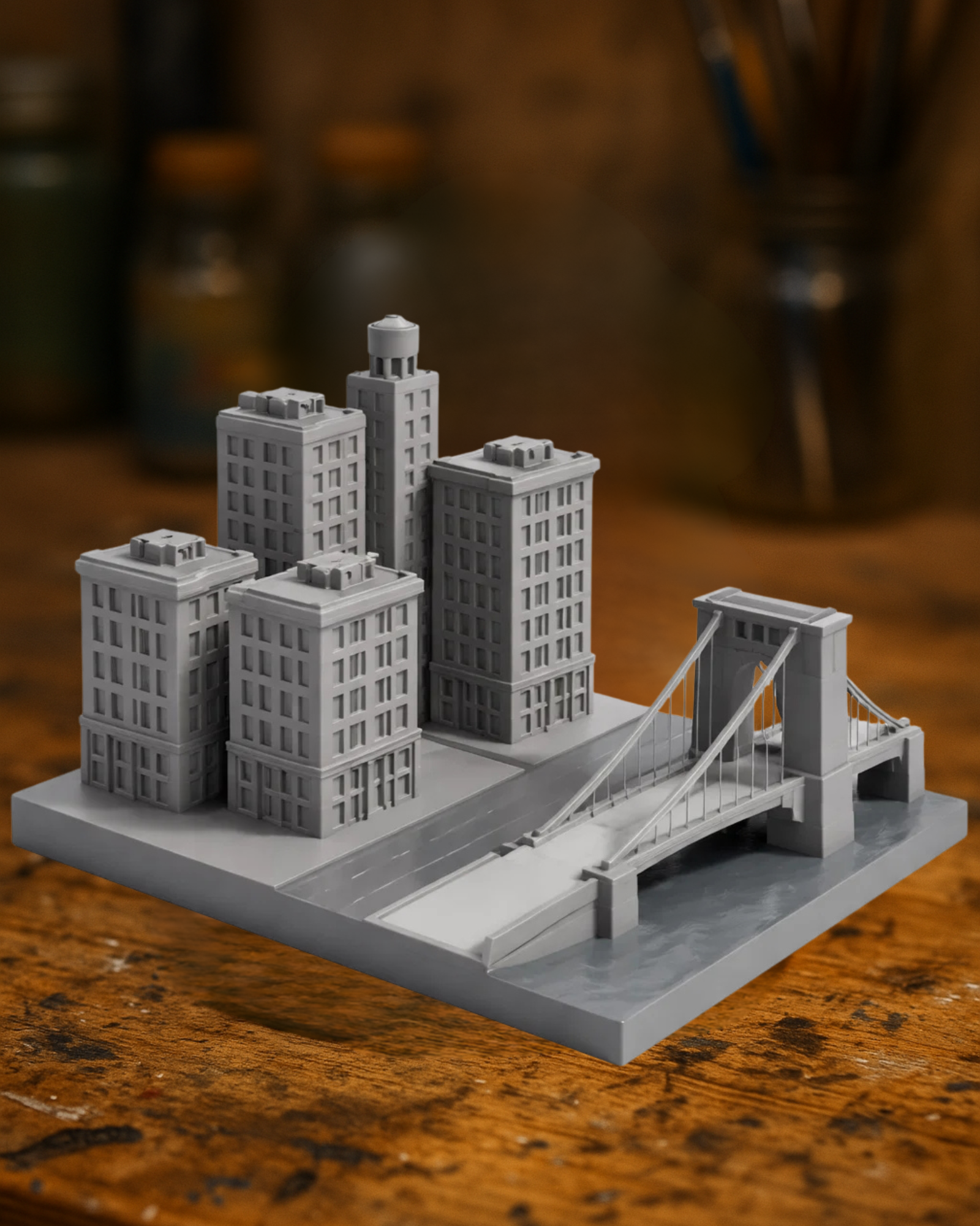 Miniature City Block with Bridge Diorama