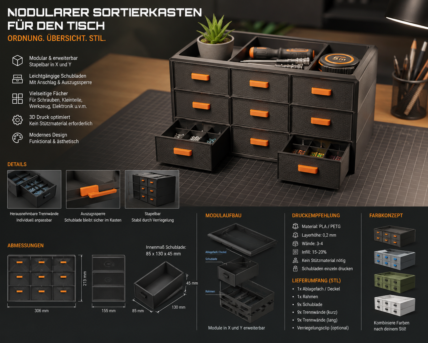 Modularer Sortierkasten für den Schreibtisch