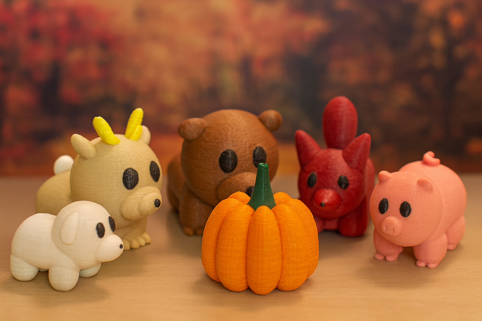 Cute Simple Puffy Style Animals Dog Bear Deer Fox Pig Toy Miniatures with Tree Pumpkin
