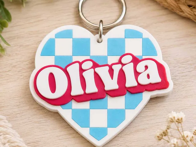 Retro Heart Checkered Name Tag - Olivia