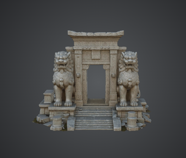 Ancient Temple Entrance with Stone Lions