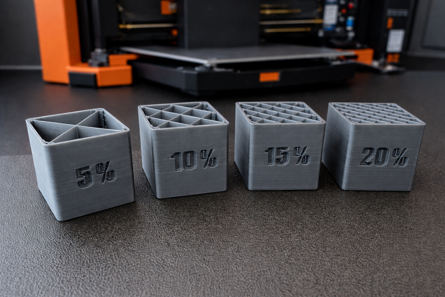 Test cubes - infill density / Testovací krychle - hustota výplně