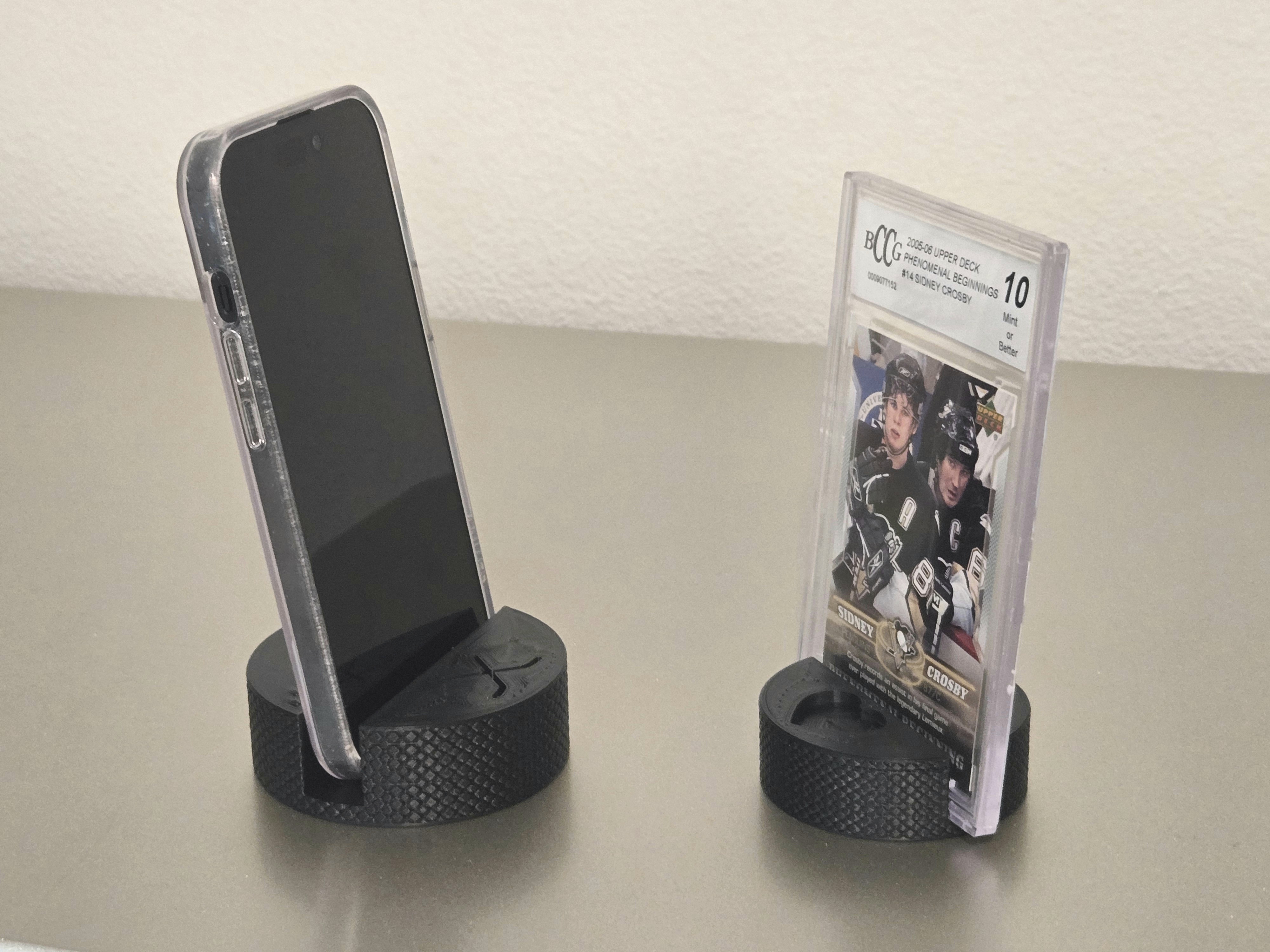 Hockey Puck Phone Picture Card Stand Holder - Multiple Variants Heart Sticks Goalie Mask Engraved