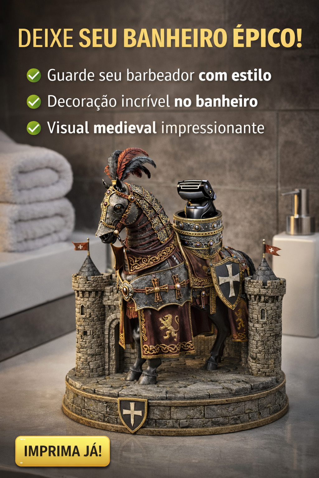Cavalo da Fortaleza Real – Suporte Medieval para Máquina de Barbear