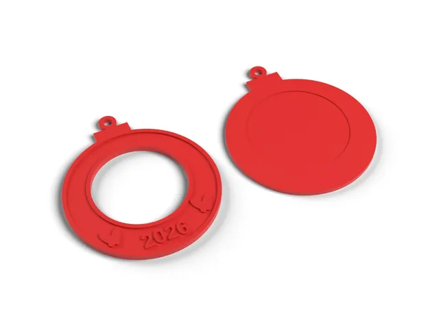 Christmas Photo Ornament - Bauble Photo Frame with Holly and Year, No Supports (OpenSCAD)