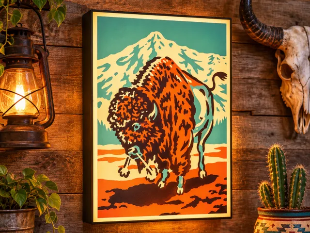 American Bison LED Light Box | Buffalo Mountain Scene | Western Wildlife Decor
