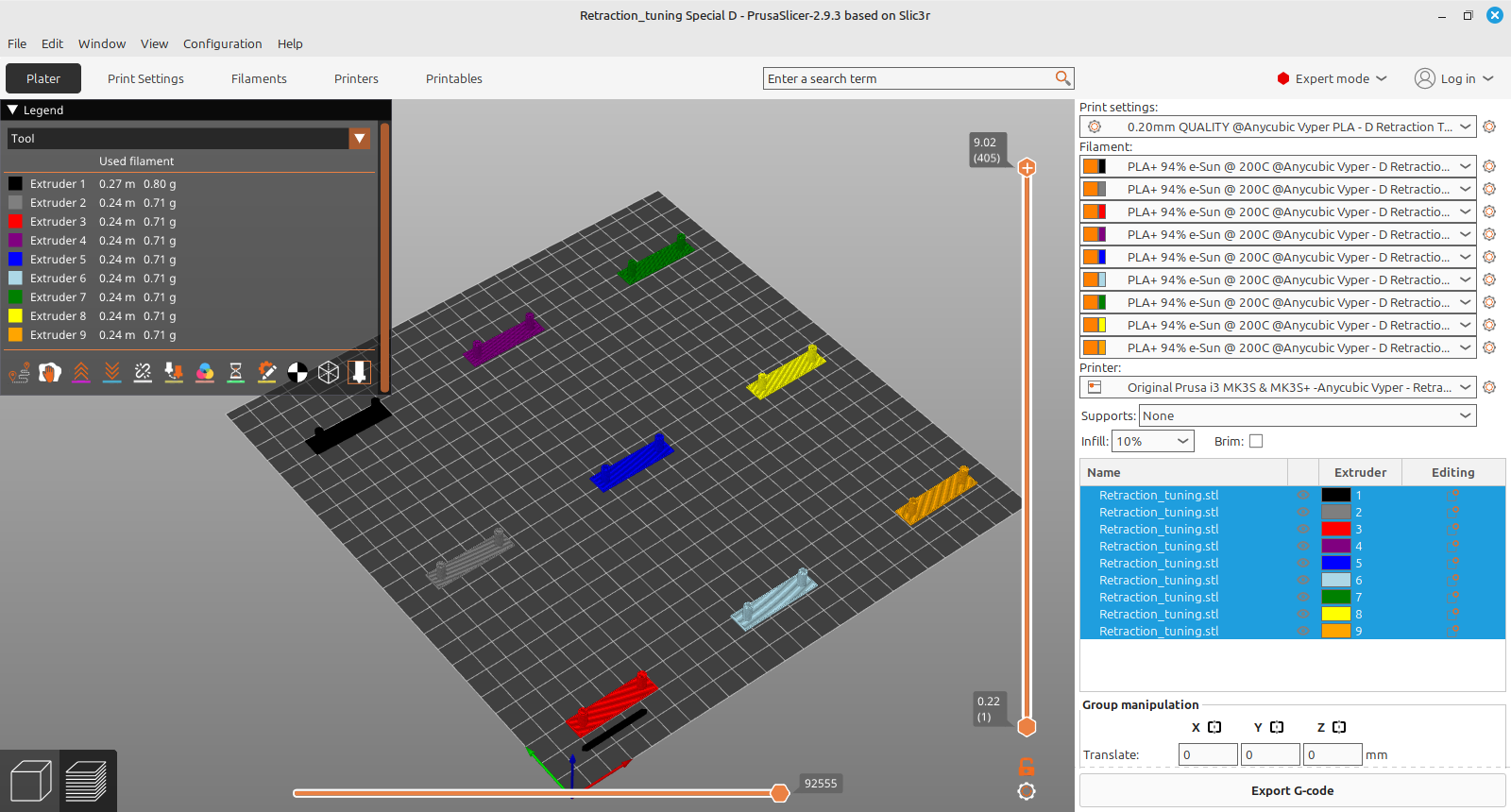 Calibration retraction test 3x3 nine different values Prusaslicer