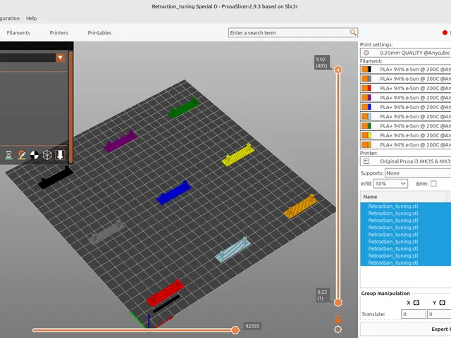 Calibration retraction test 3x3 nine different values Prusaslicer
