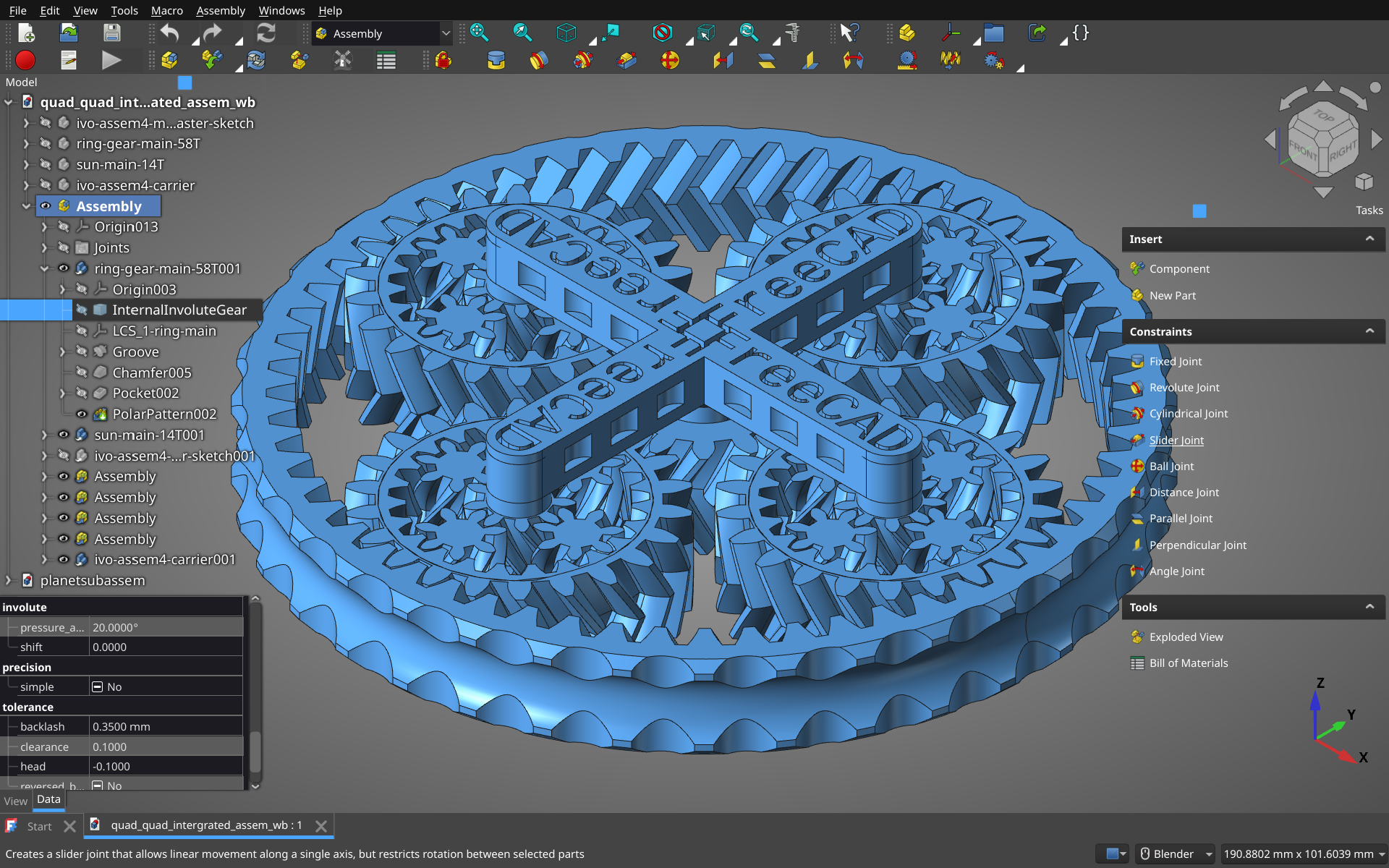 Quad Quad Planetary Gear built in FreeCAD using the new Integrated Assembly Workbench with design files included!
