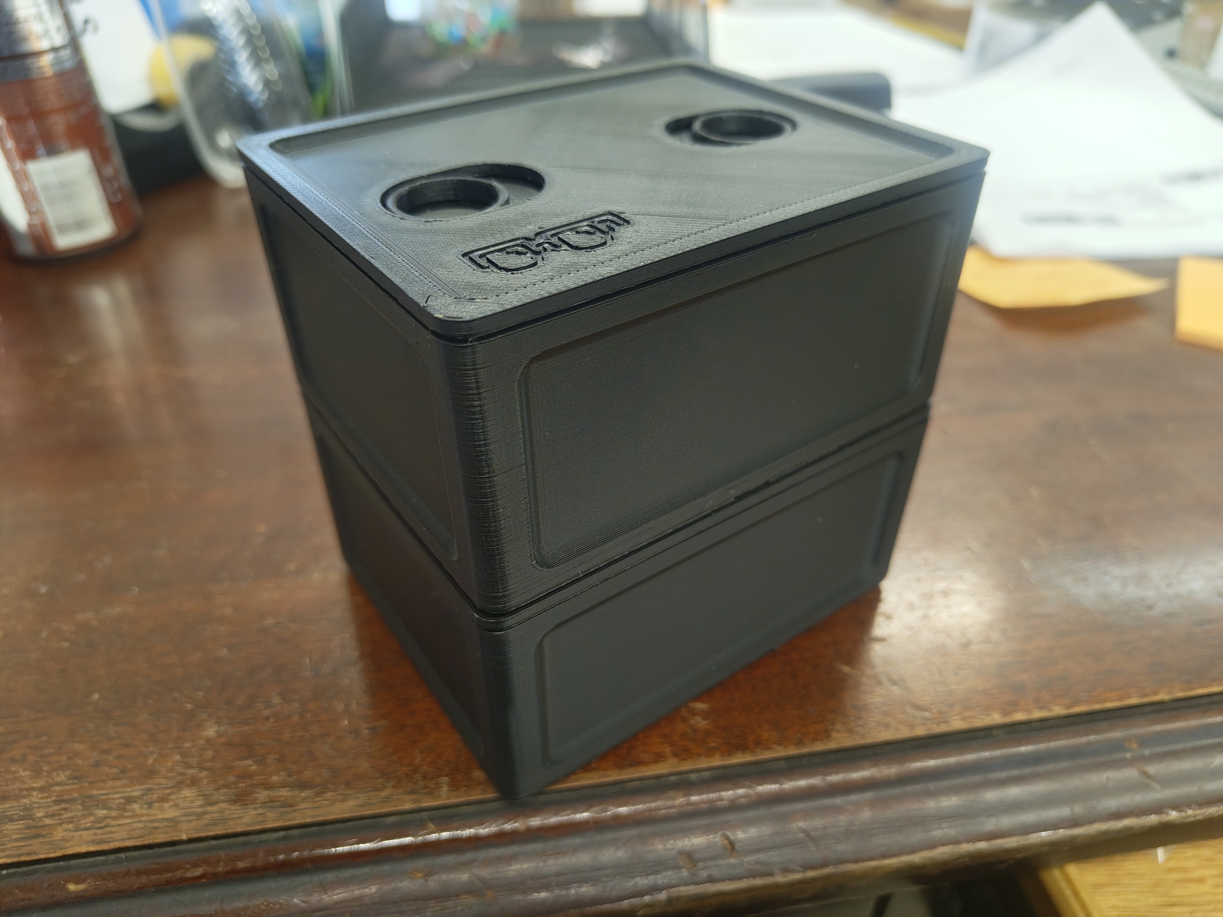 Stackable Storage Box for Miniatures with Compliant Locking System