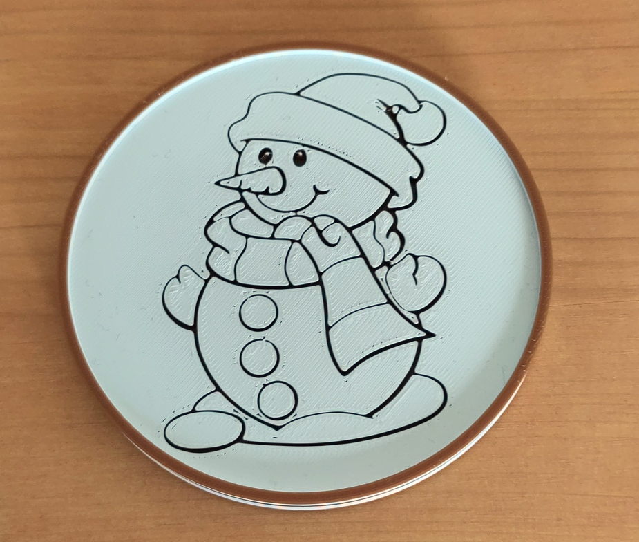 Snowman christmas coaster (100mm diameter, filament swap)
