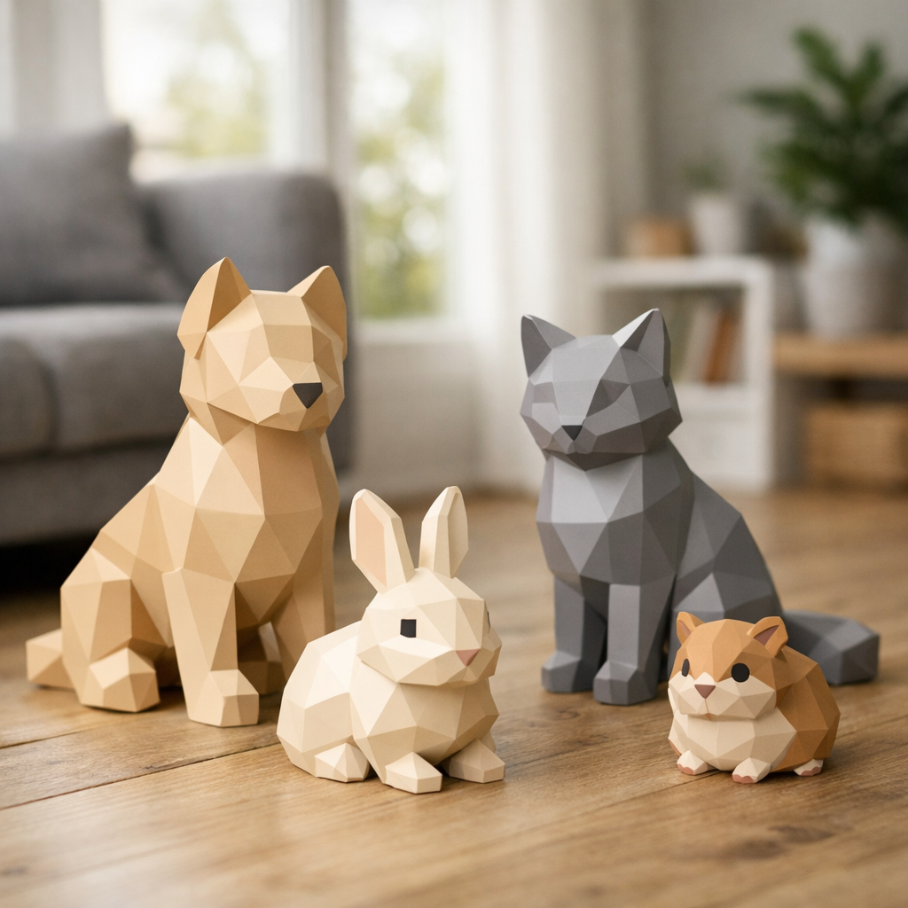 Low Poly Pets Set – Minimal Geometric Dog, Cat, Bunny & Hamst