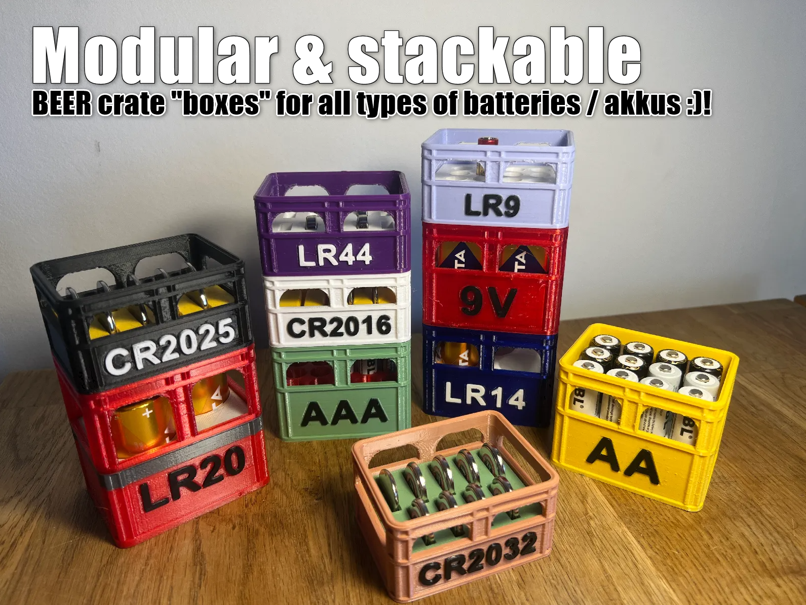 Beer Crate Battery Boxes // Bierkiste // LR-x, AA, AAA, 9V, CRxxx, LIRxxxx // stackable // modular