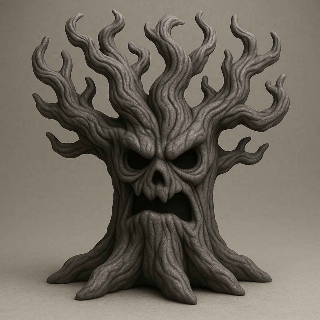 A creepy stylized tree with twisted branches, hollow eyes, and a wide base for stability