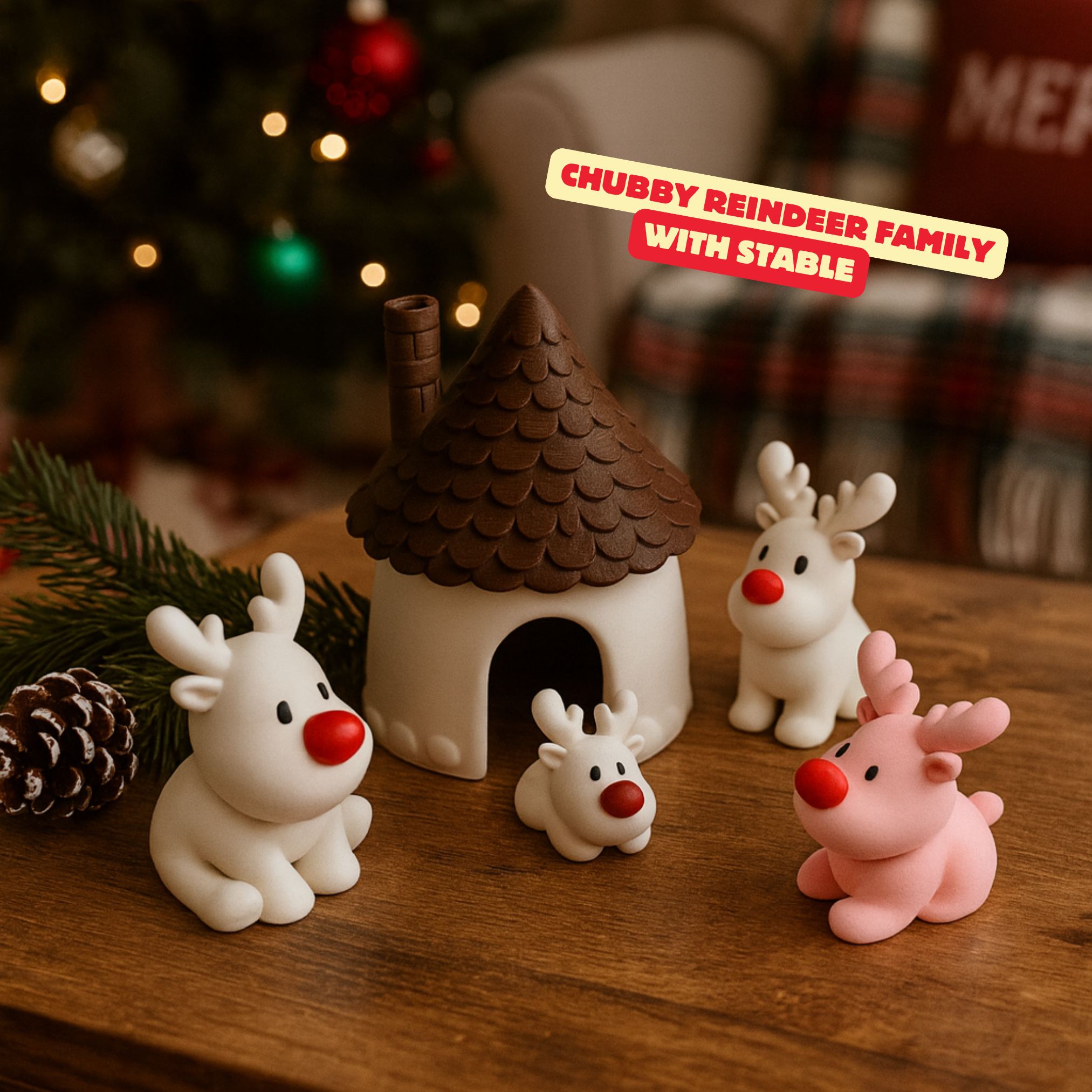 CHUBBY REINDEER FAMILY WITH STABLE / CHRISTMAS DECOR / GIFTSET / TOY / HOMEDECOR