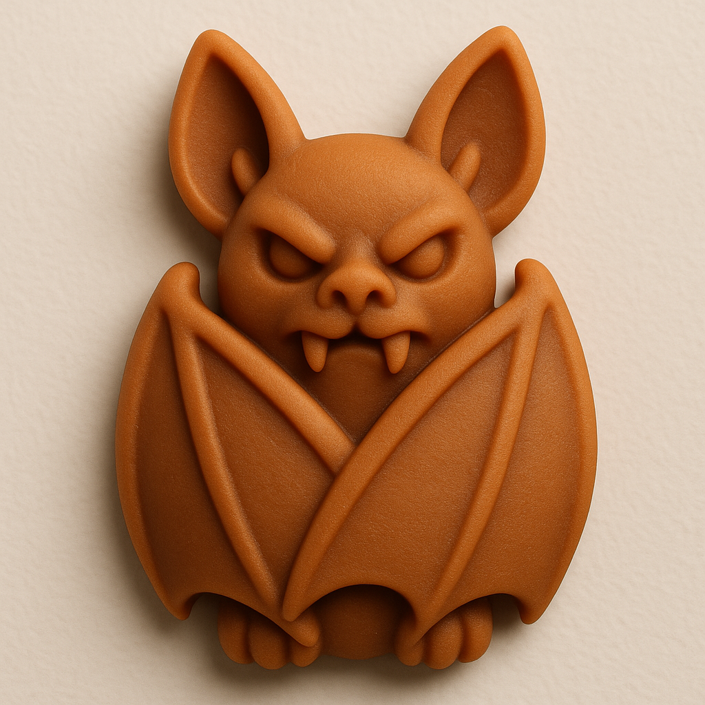 A Halloween bat with folded wings wrapped around its body, large ears, and fangs