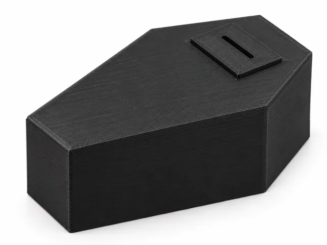 Coffin (coin) box with sliding window (Box ve tvaru rakve s posuvným okénkem)