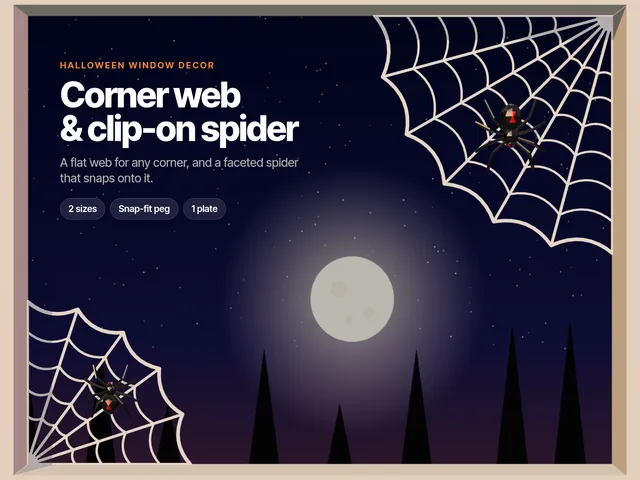 Halloween Corner Spider Web with Clip-On Spider – Window Decor, 2 Sizes, No Supports, MMU