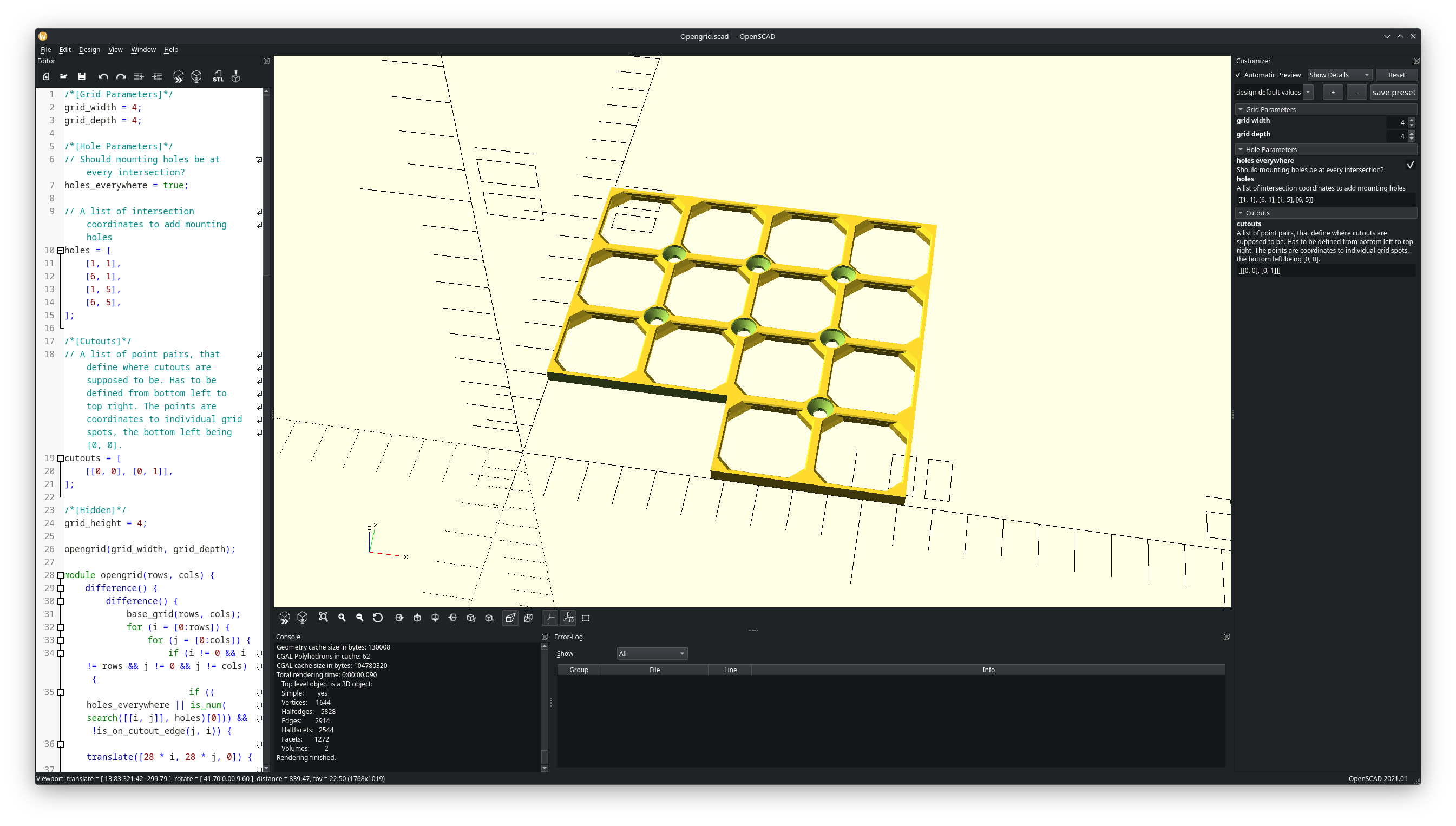 OpenSCAD Parameterized and Customizable openGrid