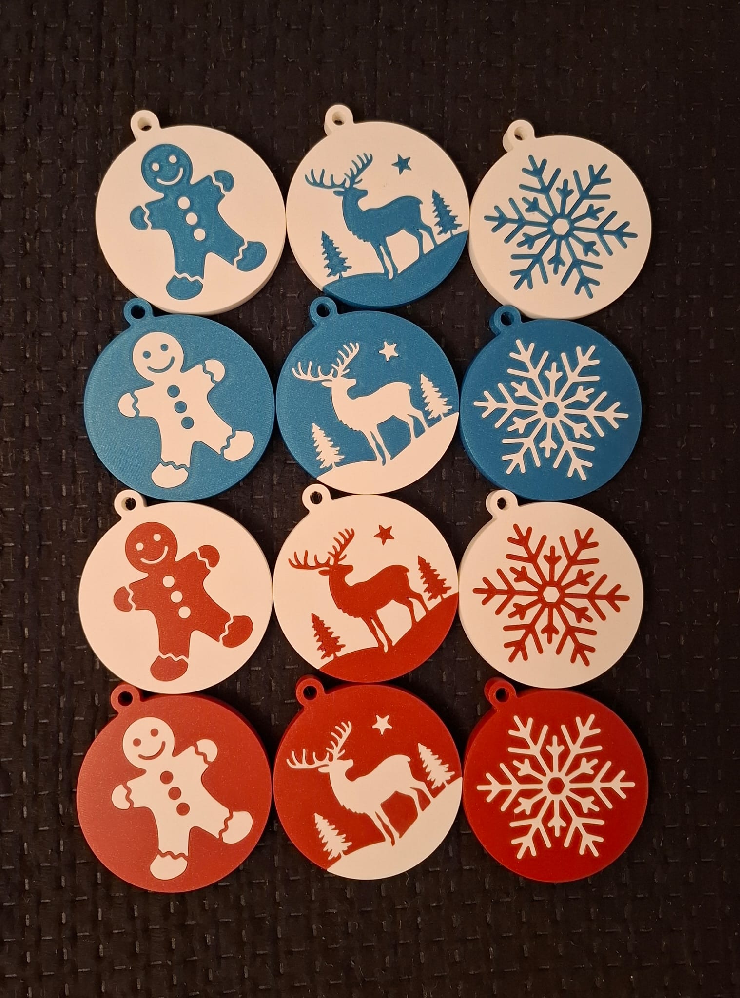 Set of 3 Flat Christmas Ornaments – Reindeer, Gingerbread Man & Snowflake