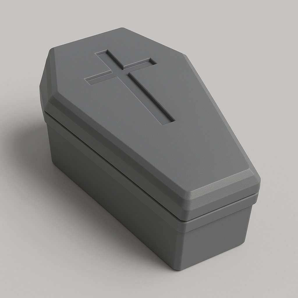 A solid Halloween coffin with a slightly raised lid and a simple cross engraved on top.