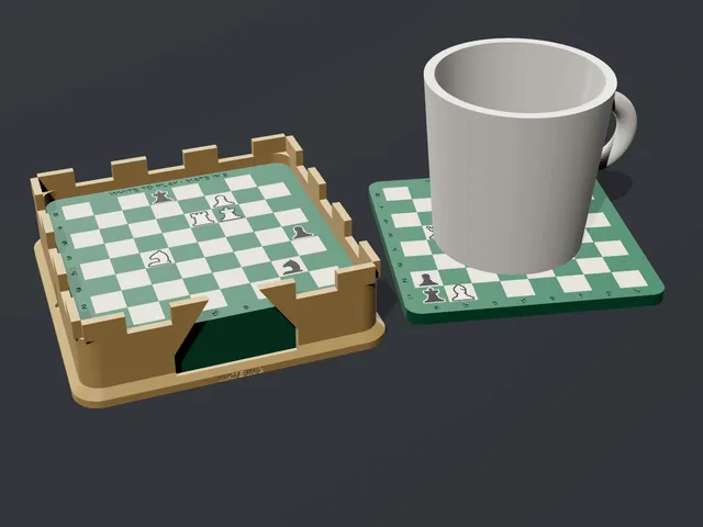Mate-in-2 Chess Coasters - 4 Real Puzzles, 4 Colours, Solution Underneath + Rook Holder