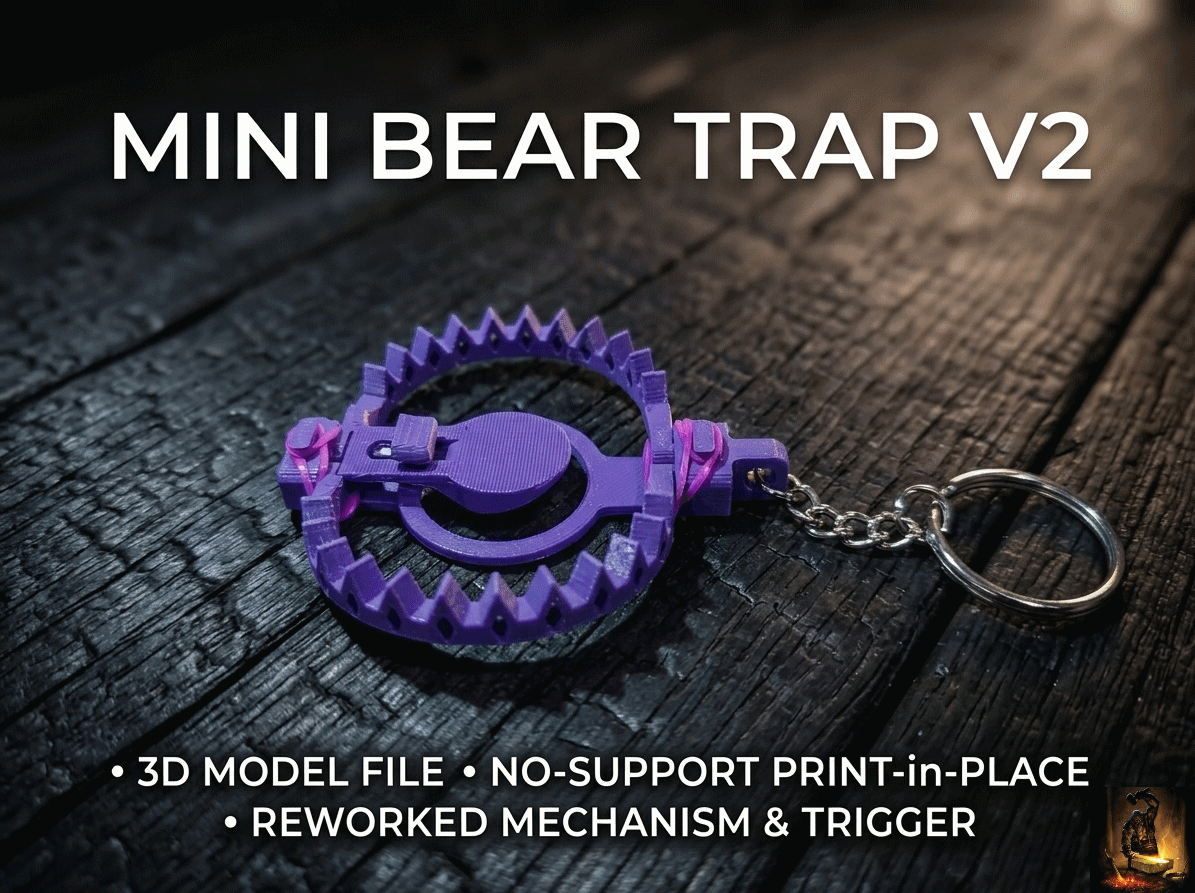 Mini Bear Trap V2 - NO-SUPPORT Print-in-Place Keychain - Reworked Jaws