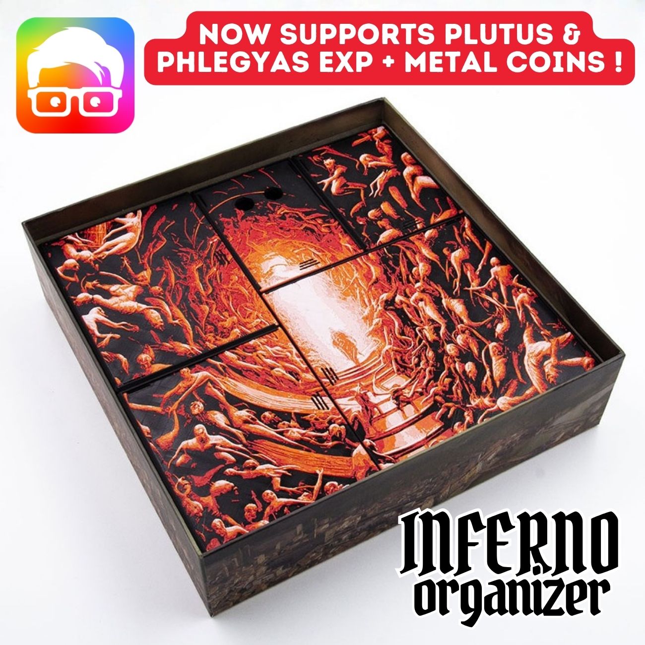 Inferno board game organizer - inc. Plutus & Phlegyas exp. and Metal Coins (by @ammedia3d)